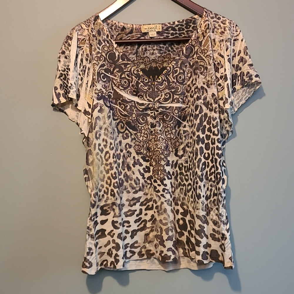 ONE WORLD Brown and Cream Graphic Fitted Blouse
